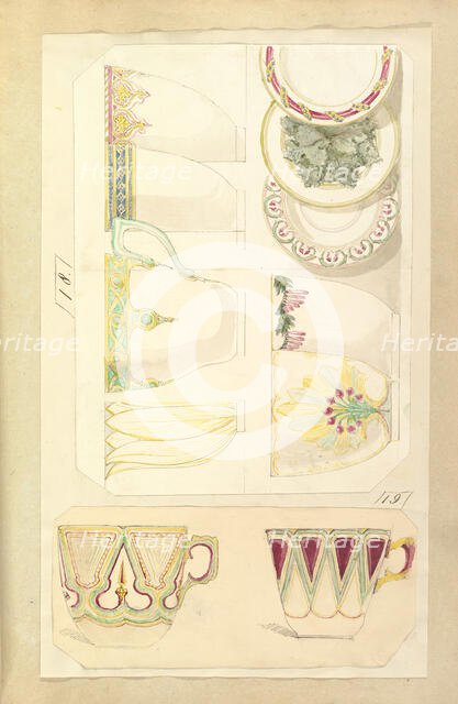 Five Designs for Decorated Cups and Three Designs for Saucers, 1845-55. Creator: Alfred Crowquill.
