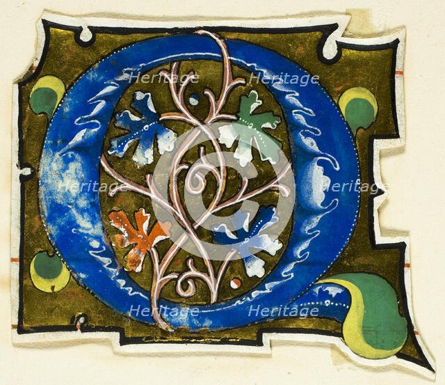 Decorated Initial "Q" in Blue with Four Oak Leaves from a Manuscript, 14th century or modern, c.1920 Creator: Unknown.