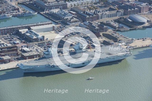 HMS Queen Elizabeth aircraft carrier in dock, Portsmouth, Hampshire, 2020. Creator: Damian Grady.