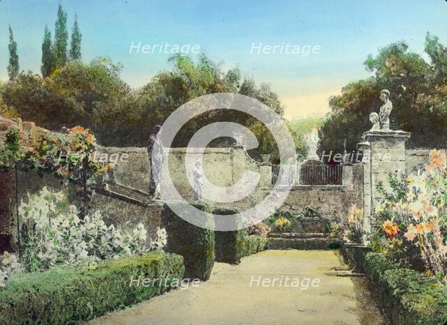 Reproduction of illustration showing a garden with statues, between 1915 and 1925. Creator: Frances Benjamin Johnston.