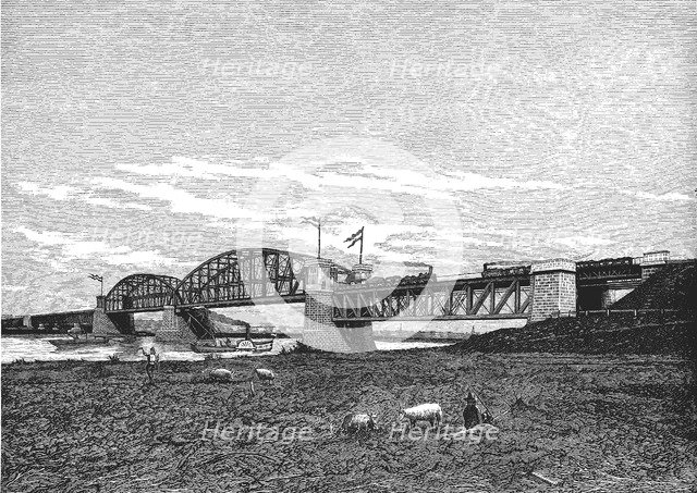 Metal bridge for railway over the Rhine river near Arnhem, engraving 1879.