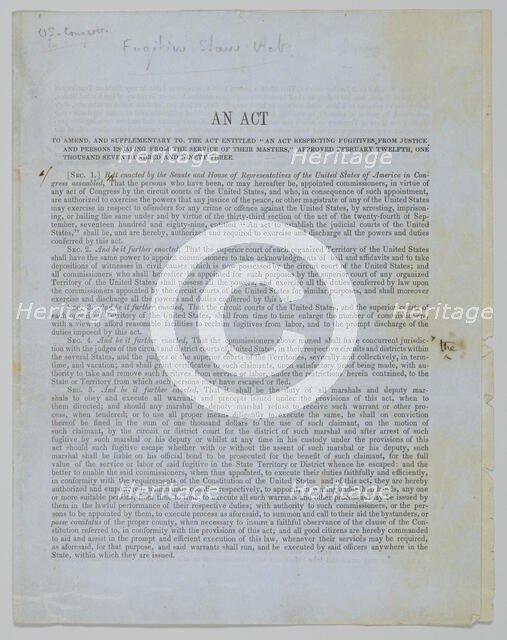 Proof copy of the first printing of The Fugitive Slave Act of 1850, 1850. Creator: Unknown.