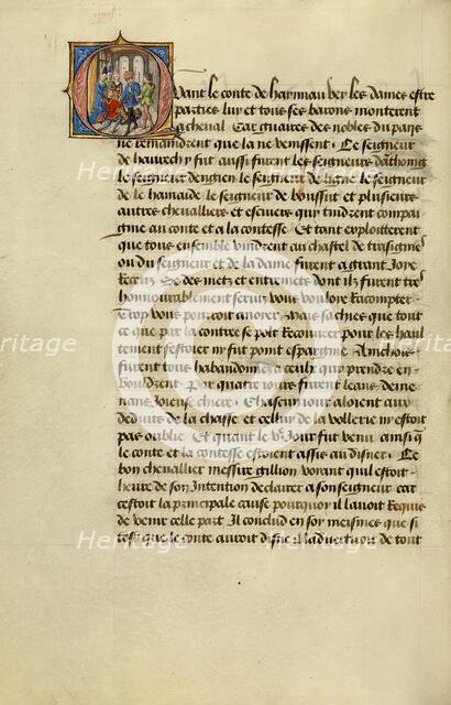 Initial Q: Gillion Asking the Count of Hainaut for Permission to Go on Pilgrimage, 1464. Creators: Lieven van Lathem, David Aubert.
