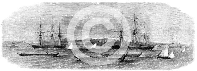 View of Auckland Harbour, New Zealand...the race of the Maori war-canoes, 1862. Creator: Unknown.