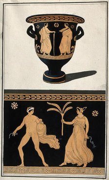 Above, a red-figured Greek wine bowl (krater); below, detail of the decoration showing..., 1760-69. Creator: Augustin Dahlsteen.