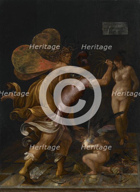 The chastisement of love (Cupid is whipped by Mars, pursued by a fury), End of 16th century. Creator: Mainardi, Camillo (1544/49-1608).