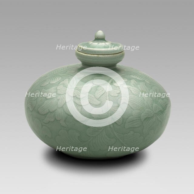 Covered Oil Bottle with Flowering Lotus and Scrolling Leaves, North Korea, Goryeo..., 12th century. Creator: Unknown.