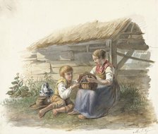 Girl and boy with a basket of chicks, 1878-1903. Creator: Maximilienne Guyon.