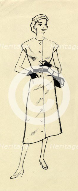 Woman in belted dress, c1950. Creator: Shirley Markham.