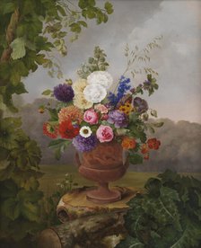 Vase in the Greek Style with Flowers, Standing on a Tree Stump, 1832. Creator: Hermania Neergaard.