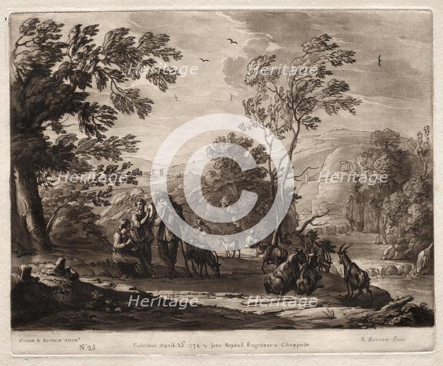 Liber Veritatis: No. 25, A Mountainous and Wooded Landscape with Shepherds..., 1774. Creator: Richard Earlom (British, 1743-1822).