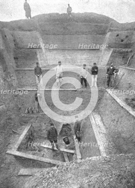 'Contre des villes Ouvertes; Les fouilles, pour retrouver la projectile', 1916. Creator: Unknown.