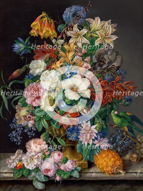 Flower piece with pineapple, grapes and parrot, 1833. Creator: Franz Xaver Petter.