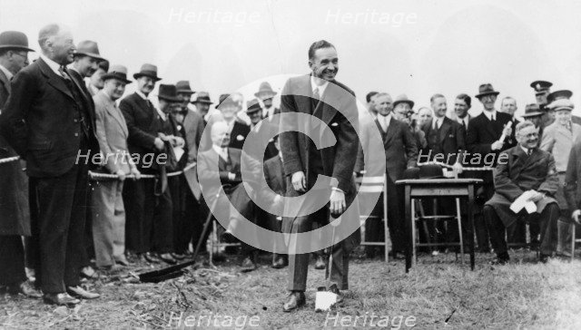 Edsel Ford turning the first sod at the site of Ford's plant at Dagenham, Essex, late 1920s. Artist: Unknown