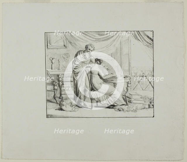Denon Instructing a Young Woman Drawing on a Lithographic Stone, c. 1820. Creator: Vivant Denon.