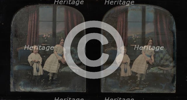 [Stereograph, Two Children Standing Between Furniture in a Studio Parlor Setting], ca. 1855. Creator: Antoine Francois Jean Claudet.