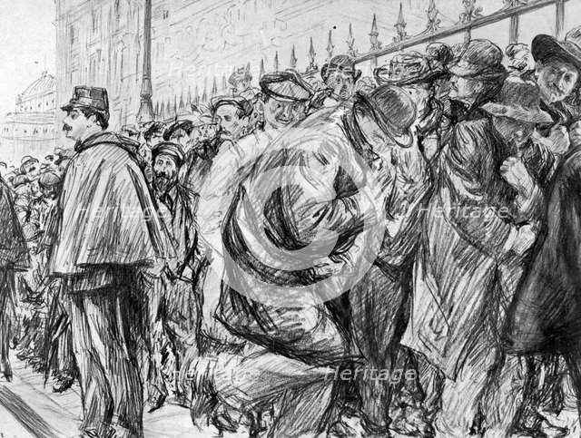 Queue outside the Palais de Justice during the trial of Marguerite Steinheil, Paris, France, 1909. Artist: Paul Charles Renouard