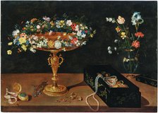 A tazza with a garland of flowers, a jewellery box, a pocket watch and flowers in a glass vase. Creator: Brueghel, Jan, the Younger (1601-1678).