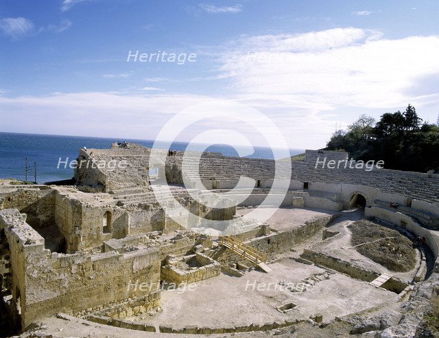 Roman Amphitheatre of Tarragona of elliptical floor, in the center of the arena there are remains…