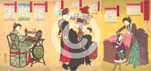 Court Ladies Sewing Western Clothing (Jokan yofuku saiho no zu), August 23rd,..., August 23rd, 1887. Creator: Chikanobu Yoshu.