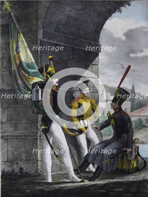 Podpraporshchik, Drummer and Hornist of the Finliandsky Guard Regiment, 1829. Artist: Belousov, Lev Alexandrovich (1806-1864)