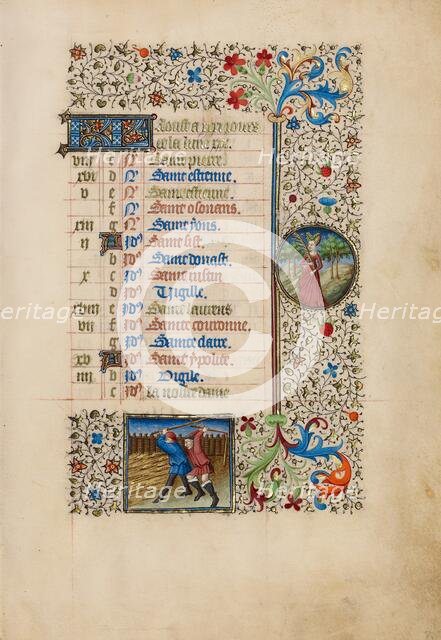 August Calendar Page: Threshing: Virgo; Book of Hours, about 1440-1450. Creator: Workshop of the Bedford Master.