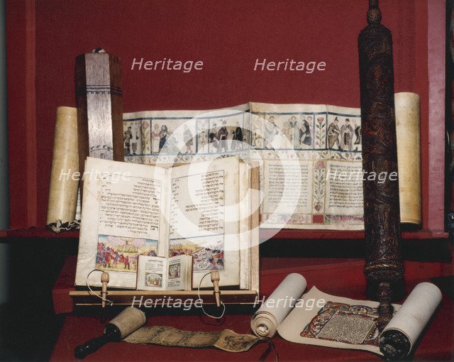 Jewish religious texts for auction at Sotheby's, March 1990. Artist: Sidney Harris