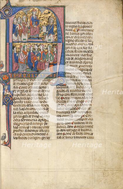 Initial N: Vidal de Canellas Offering His Text to King James; Vidal Mayor, about 1290-1310. Creator: Unknown.