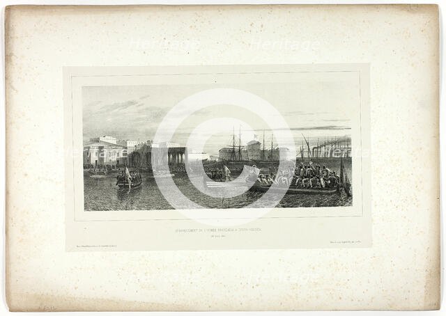 The French Army Landing at Civita-Vecchia, April 25, 1849, from Souvenirs d’Italie: Expédi..., 1851. Creator: Auguste Raffet.