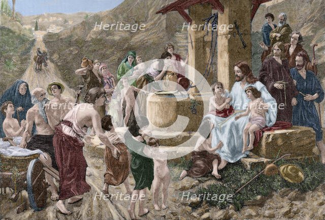 Jesus blessing the children, Gospel of Mark, Chapter X, late 19th century. Creator: Theodor Knesing.