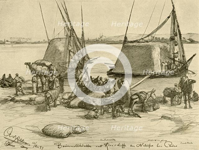 Loading cotton onto grain boats, River Nile, Cairo, Egypt, 1898.  Creator: Christian Wilhelm Allers.