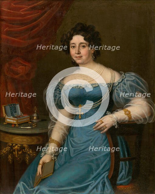 Portrait of a woman in a blue dress (Tereza Mattyásovszká, née Bydesházyová), 1827. Creator: János Rombauer.
