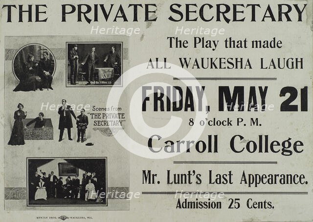 Poster for the Carroll College stage production The Private Secretary starring Alfred Lunt., 1907. Creator: Unknown.