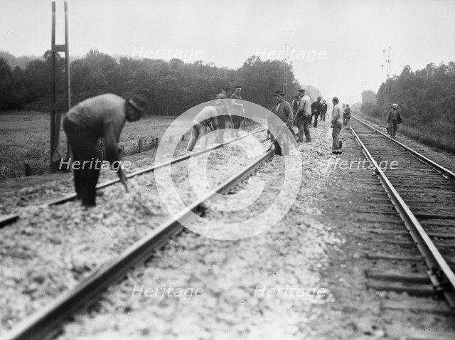 Navvies strengthen the railway between Stockholm and Malmö, Sweden, 1930s. Artist: Karl Sandels