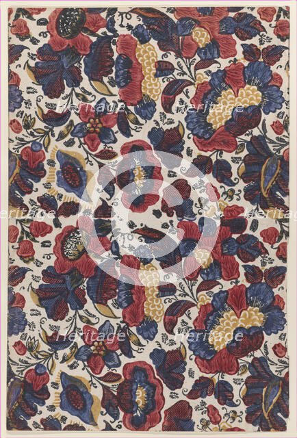Paste end paper with overall pattern of red, blue, and yellow flowers, 19th century., 19th century. Creator: Anon.