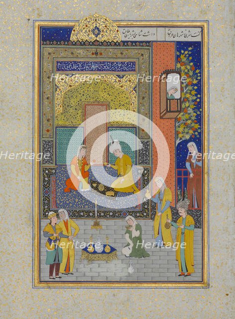 Bahram Gur in the Yellow Palace on Sunday, Folio 213 from a Khamsa..., A.H. 931/A.D. 1524-25. Creators: Shaikh Zada, Mahmud Muzahhib, Sultan Muhammad Nur.