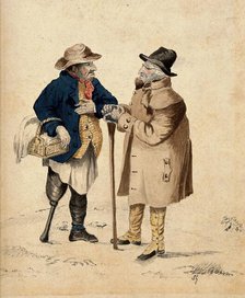 Two old men in conversation: the man on the left holding a basket has a wooden leg, the... Creator: Unknown.