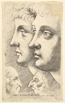 Two youths in profile to left with two grotesque heads facing each other below, 1625-77. Creator: Wenceslaus Hollar.