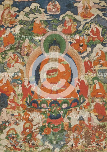 Shakyamuni Buddha and the Sixteen Arhats, 19th century. Creator: Tibetan culture.