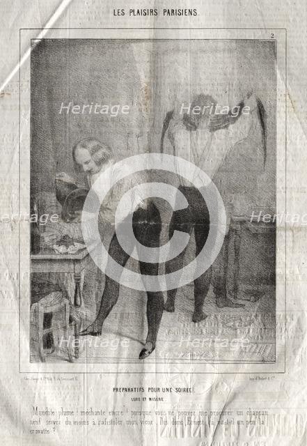 Les Plaisirs Parisiens: Preparatifs pour une soiree. Luxe et misère. Maudite plume! Mèchante.... Creator: Charles Joseph Traviès de Villers (French, 1804-1859).
