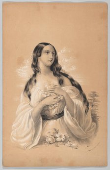 Woman Holding Flowers, in The New York Drawing Book, Containing a Series of Original Desig..., 1847. Creator: Frances Flora Bond Palmer.