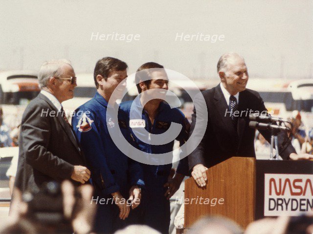Astronauts John Young and Robert Crippen after landing, April 1981. Creator: NASA.