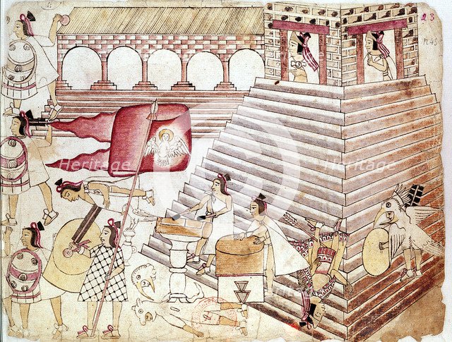 Aztec warriors defending the temple of Tenochtitlan, Mexico. Artist: Unknown