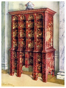 Red and gilt lacquer double chest of drawers, 1910.Artist: Edwin Foley
