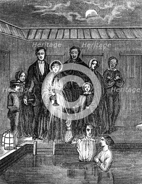 Mormon baptism by total immersion, Salt Lake City, Utah, 1853. Artist: Unknown