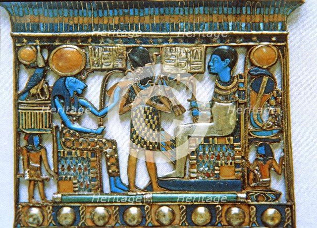 Treasure of Tutankhamen, jewel in the funerary trousseau in which the Pharaoh appears between the…