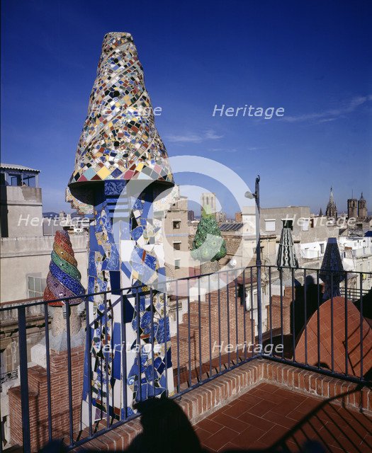 Chimneys on the roof of the Güell Palace 1886-1890, designed by Antoni Gaudí i Cornet, renovated …