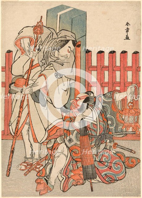 The Actors Nakamura Nakazo I as Chinzei Hachiro Tametomo Disguised as a Pilgrim (left)..., c. 1780. Creator: Shunsho.