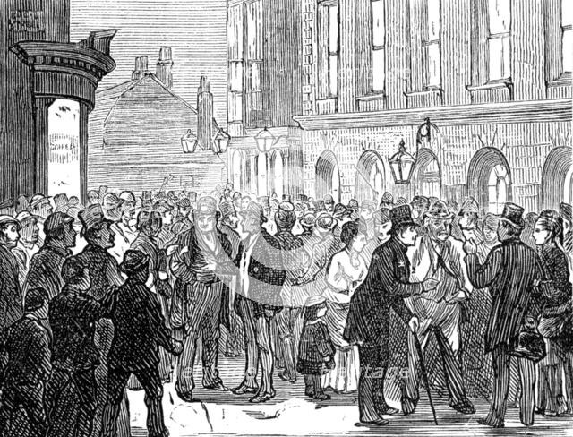 Metropolitan Boroughs election sketches: waiting for the declaration of the poll, 1874. Creator: Unknown.