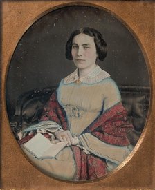 Seated Young Woman Wearing a Shawl, Holding an Open Book in her Lap, 1850s. Creator: Unknown.